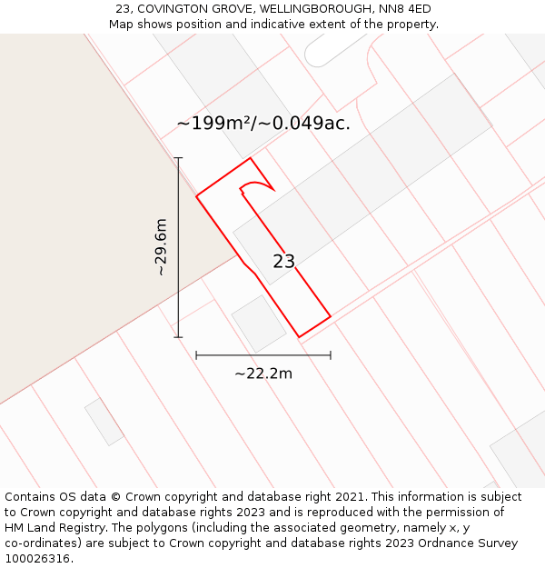23, COVINGTON GROVE, WELLINGBOROUGH, NN8 4ED: Plot and title map