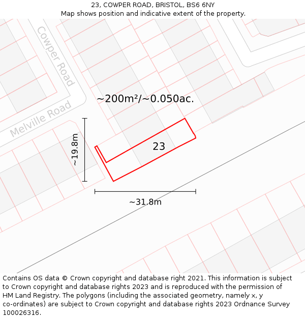 23, COWPER ROAD, BRISTOL, BS6 6NY: Plot and title map