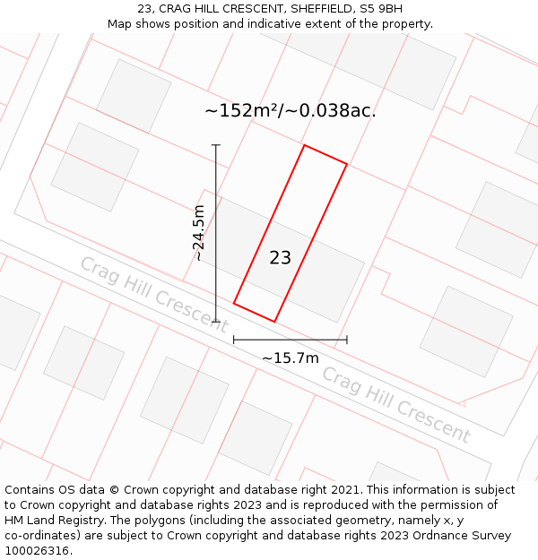 23, CRAG HILL CRESCENT, SHEFFIELD, S5 9BH: Plot and title map
