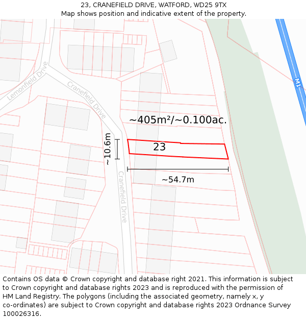 23, CRANEFIELD DRIVE, WATFORD, WD25 9TX: Plot and title map