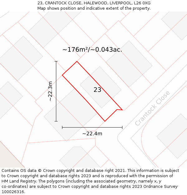 23, CRANTOCK CLOSE, HALEWOOD, LIVERPOOL, L26 0XG: Plot and title map