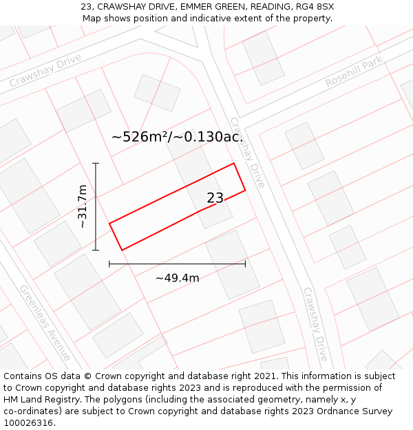 23, CRAWSHAY DRIVE, EMMER GREEN, READING, RG4 8SX: Plot and title map