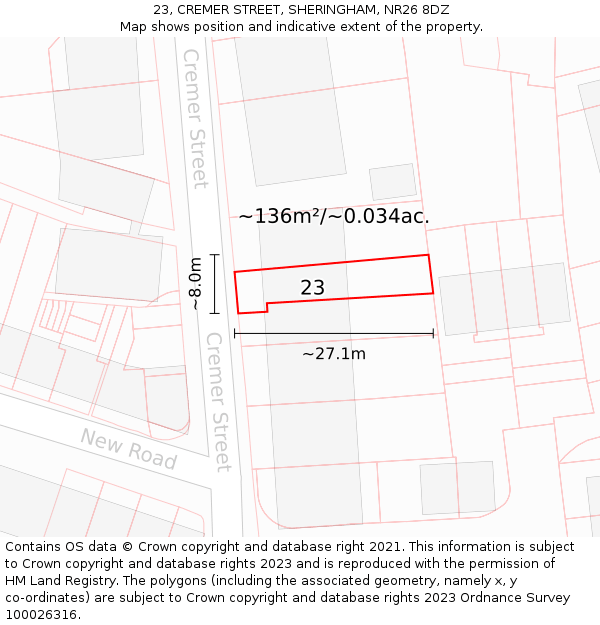 23, CREMER STREET, SHERINGHAM, NR26 8DZ: Plot and title map