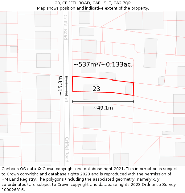 23, CRIFFEL ROAD, CARLISLE, CA2 7QP: Plot and title map