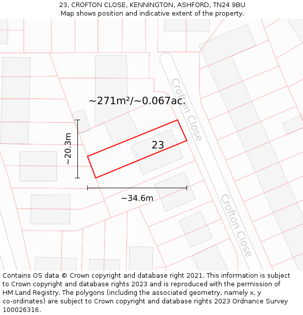 23, CROFTON CLOSE, KENNINGTON, ASHFORD, TN24 9BU: Plot and title map