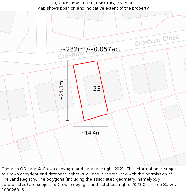 23, CROSHAW CLOSE, LANCING, BN15 9LE: Plot and title map