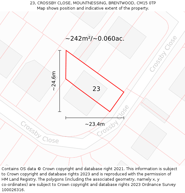 23, CROSSBY CLOSE, MOUNTNESSING, BRENTWOOD, CM15 0TP: Plot and title map