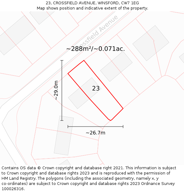 23, CROSSFIELD AVENUE, WINSFORD, CW7 1EG: Plot and title map