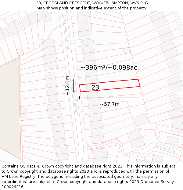 23, CROSSLAND CRESCENT, WOLVERHAMPTON, WV6 9LG: Plot and title map