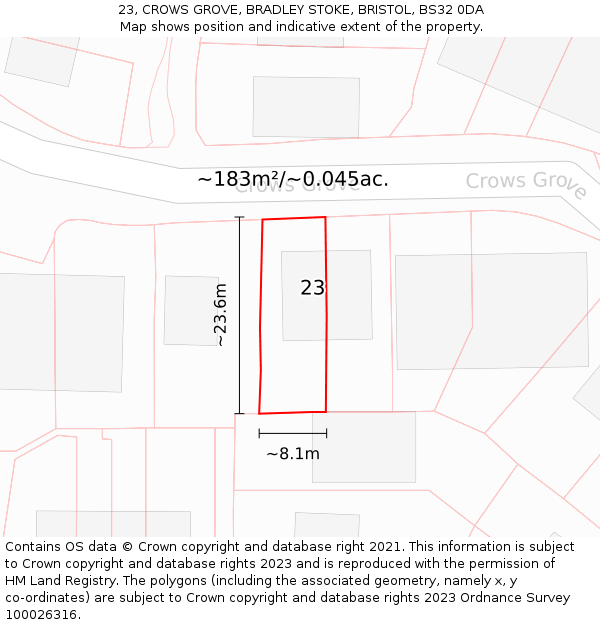 23, CROWS GROVE, BRADLEY STOKE, BRISTOL, BS32 0DA: Plot and title map