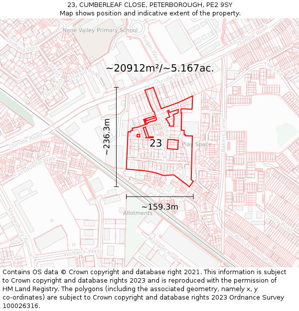 23, CUMBERLEAF CLOSE, PETERBOROUGH, PE2 9SY: Plot and title map