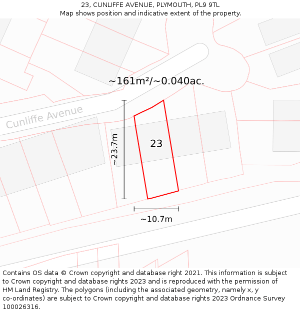 23, CUNLIFFE AVENUE, PLYMOUTH, PL9 9TL: Plot and title map