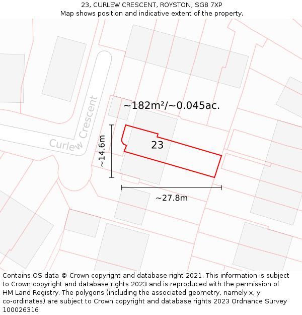 23, CURLEW CRESCENT, ROYSTON, SG8 7XP: Plot and title map