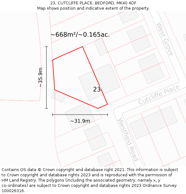 23, CUTCLIFFE PLACE, BEDFORD, MK40 4DF: Plot and title map