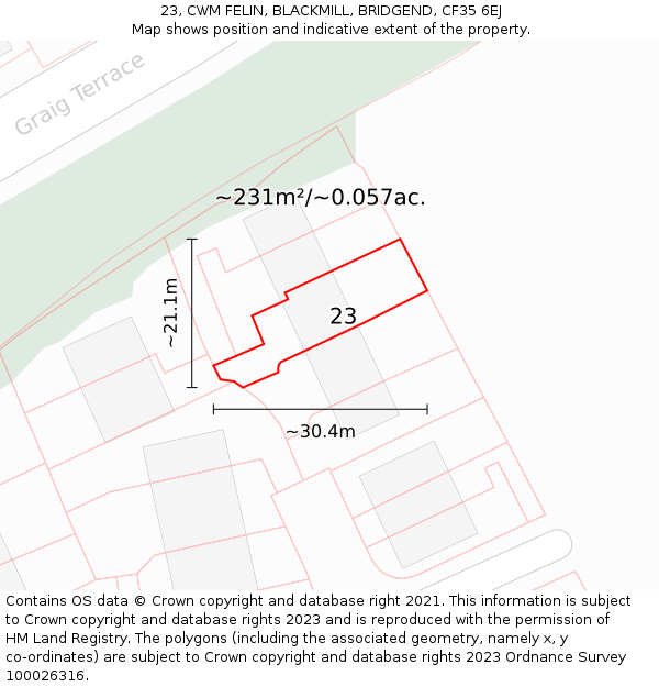 23, CWM FELIN, BLACKMILL, BRIDGEND, CF35 6EJ: Plot and title map