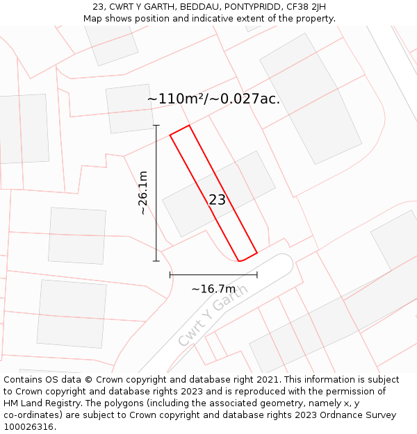 23, CWRT Y GARTH, BEDDAU, PONTYPRIDD, CF38 2JH: Plot and title map