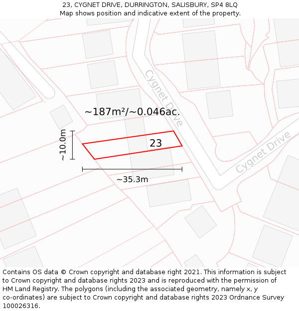 23, CYGNET DRIVE, DURRINGTON, SALISBURY, SP4 8LQ: Plot and title map