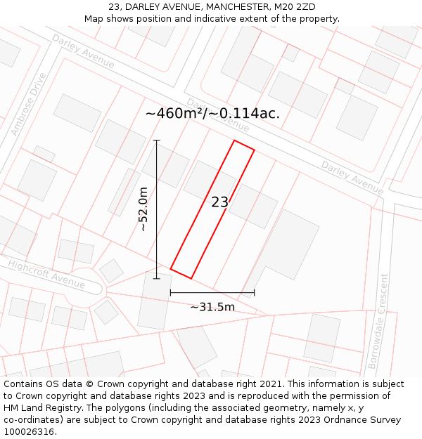 23, DARLEY AVENUE, MANCHESTER, M20 2ZD: Plot and title map