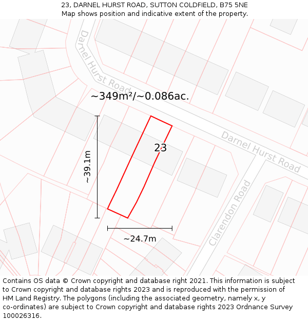 23, DARNEL HURST ROAD, SUTTON COLDFIELD, B75 5NE: Plot and title map