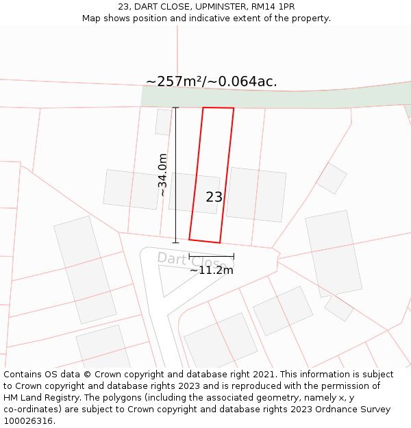 23, DART CLOSE, UPMINSTER, RM14 1PR: Plot and title map