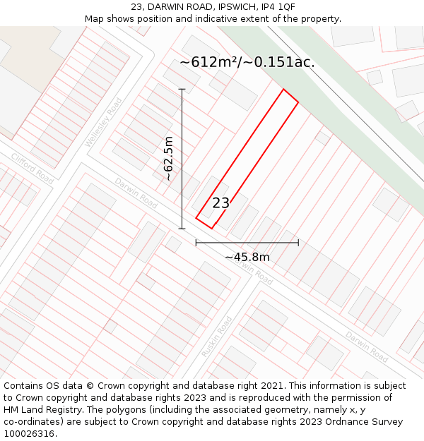 23, DARWIN ROAD, IPSWICH, IP4 1QF: Plot and title map