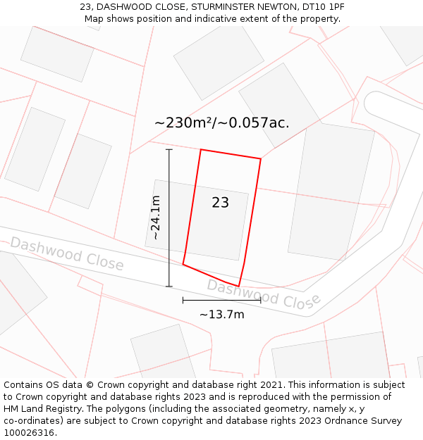 23, DASHWOOD CLOSE, STURMINSTER NEWTON, DT10 1PF: Plot and title map