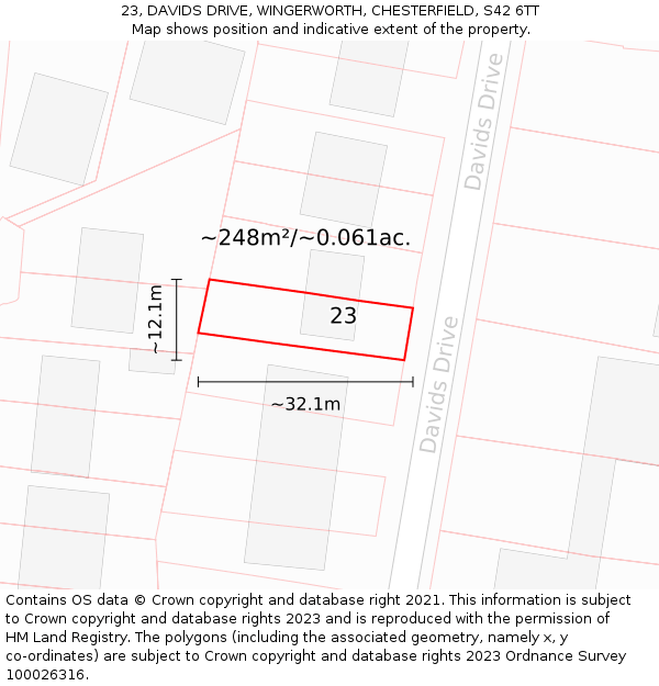 23, DAVIDS DRIVE, WINGERWORTH, CHESTERFIELD, S42 6TT: Plot and title map