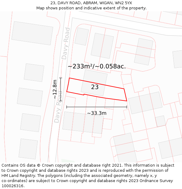 23, DAVY ROAD, ABRAM, WIGAN, WN2 5YX: Plot and title map