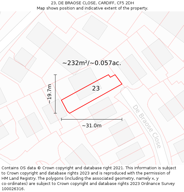 23, DE BRAOSE CLOSE, CARDIFF, CF5 2DH: Plot and title map