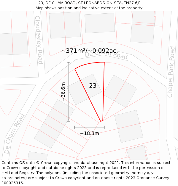 23, DE CHAM ROAD, ST LEONARDS-ON-SEA, TN37 6JP: Plot and title map