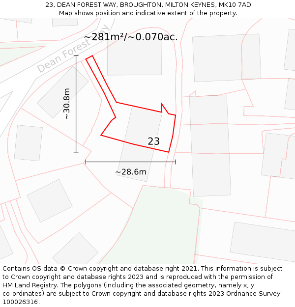 23, DEAN FOREST WAY, BROUGHTON, MILTON KEYNES, MK10 7AD: Plot and title map