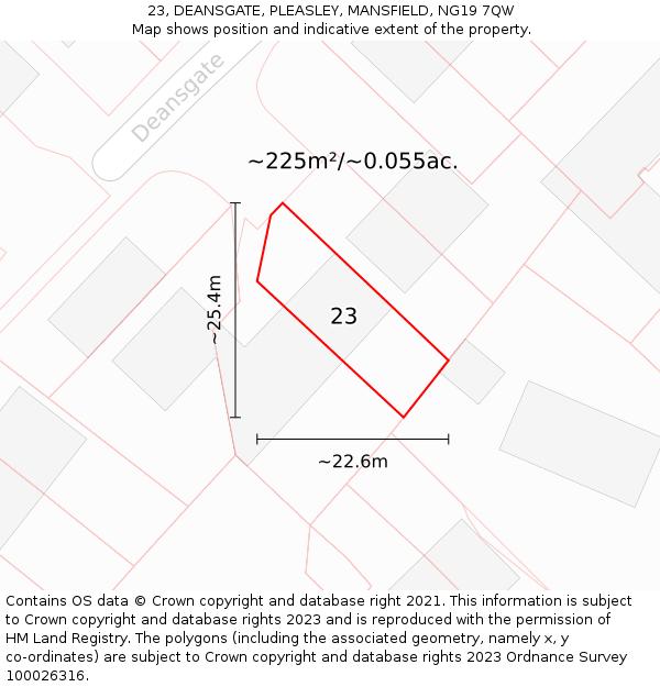 23, DEANSGATE, PLEASLEY, MANSFIELD, NG19 7QW: Plot and title map