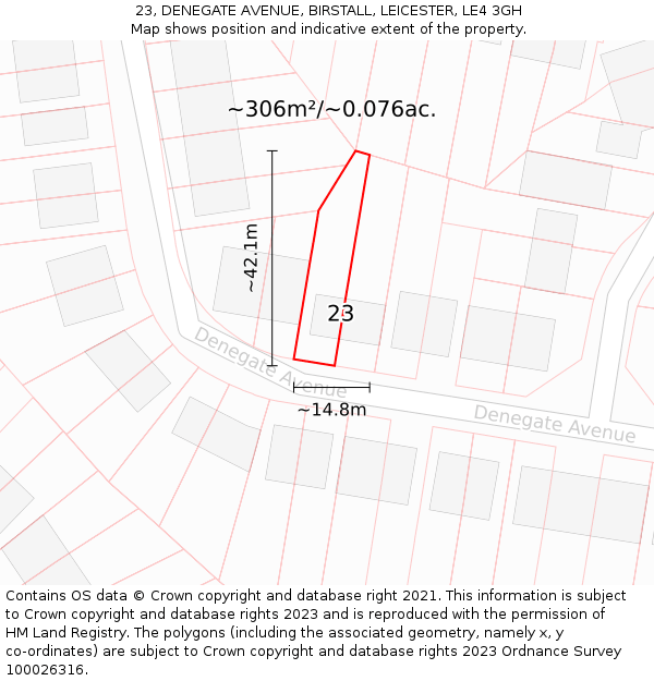23, DENEGATE AVENUE, BIRSTALL, LEICESTER, LE4 3GH: Plot and title map