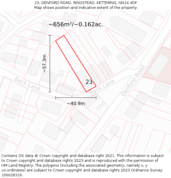 23, DENFORD ROAD, RINGSTEAD, KETTERING, NN14 4DF: Plot and title map