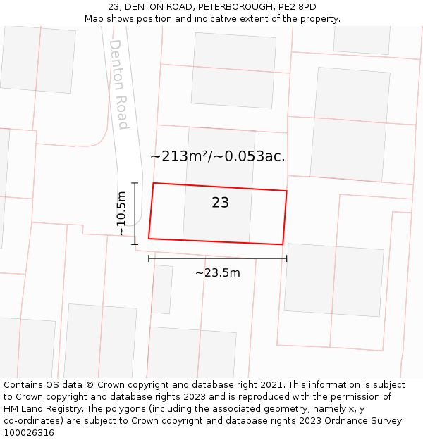 23, DENTON ROAD, PETERBOROUGH, PE2 8PD: Plot and title map