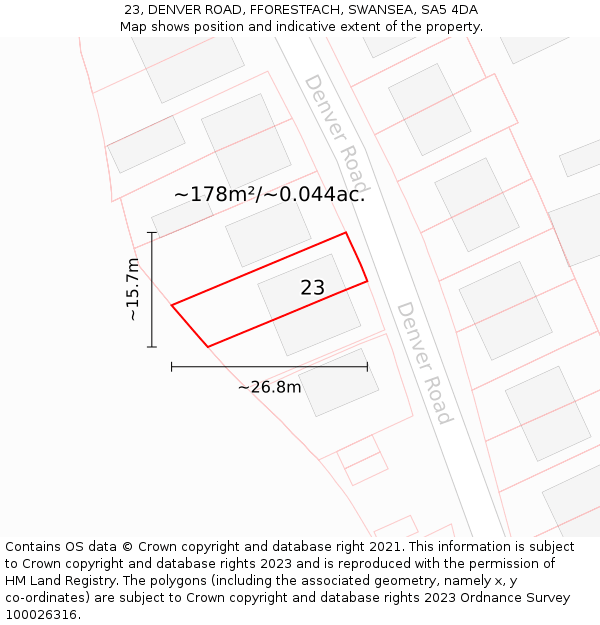 23, DENVER ROAD, FFORESTFACH, SWANSEA, SA5 4DA: Plot and title map