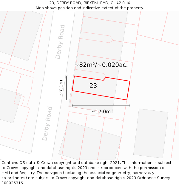 23, DERBY ROAD, BIRKENHEAD, CH42 0HX: Plot and title map