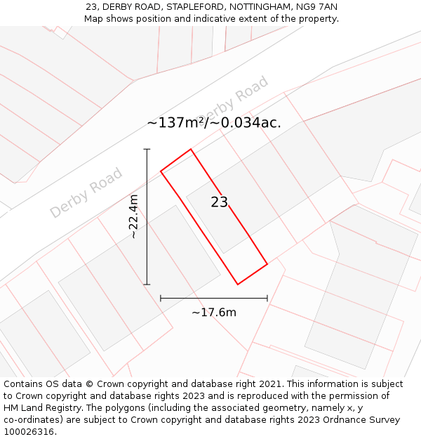 23, DERBY ROAD, STAPLEFORD, NOTTINGHAM, NG9 7AN: Plot and title map