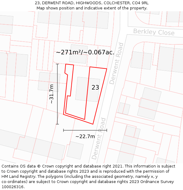 23, DERWENT ROAD, HIGHWOODS, COLCHESTER, CO4 9RL: Plot and title map