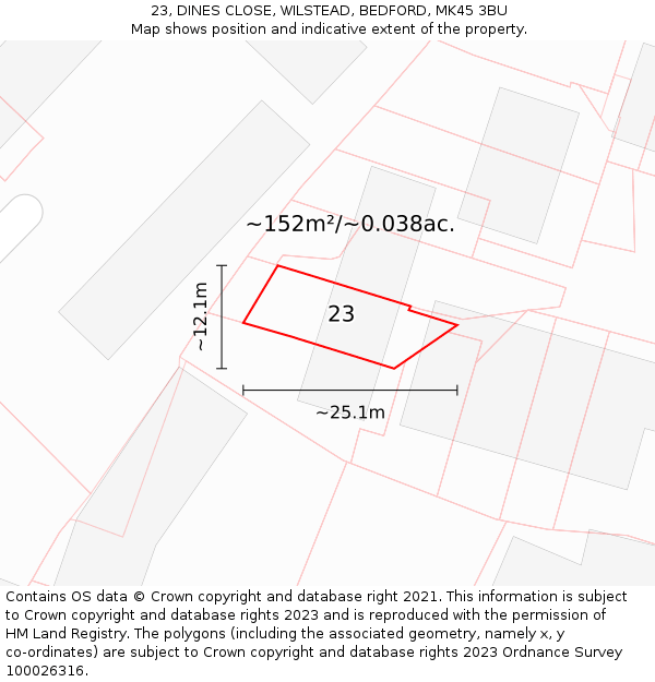 23, DINES CLOSE, WILSTEAD, BEDFORD, MK45 3BU: Plot and title map