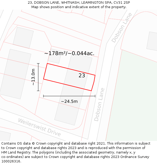 23, DOBSON LANE, WHITNASH, LEAMINGTON SPA, CV31 2SP: Plot and title map