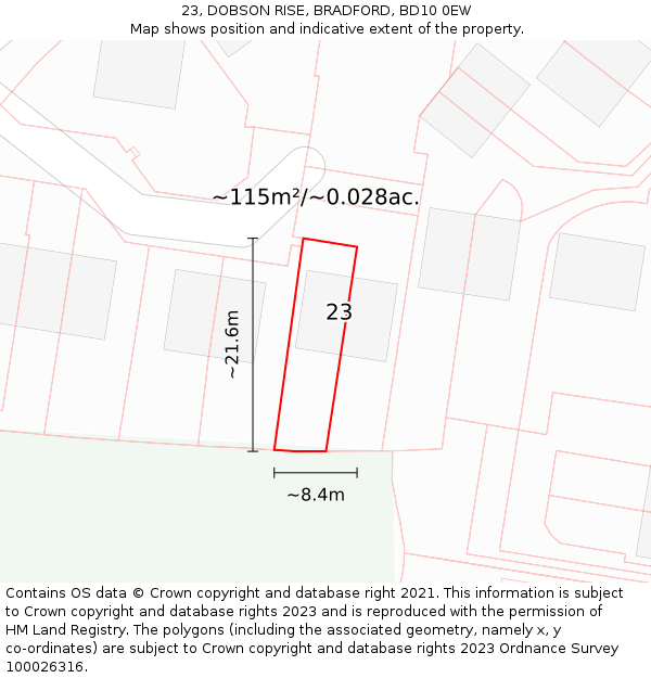 23, DOBSON RISE, BRADFORD, BD10 0EW: Plot and title map