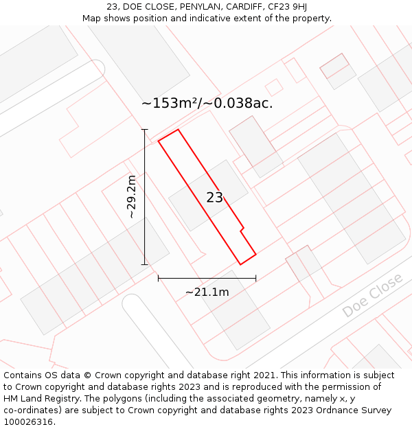 23, DOE CLOSE, PENYLAN, CARDIFF, CF23 9HJ: Plot and title map