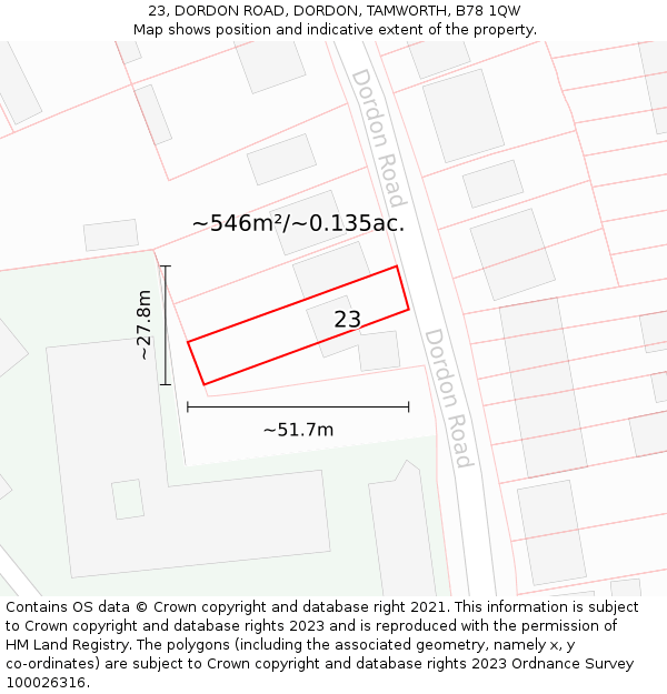 23, DORDON ROAD, DORDON, TAMWORTH, B78 1QW: Plot and title map