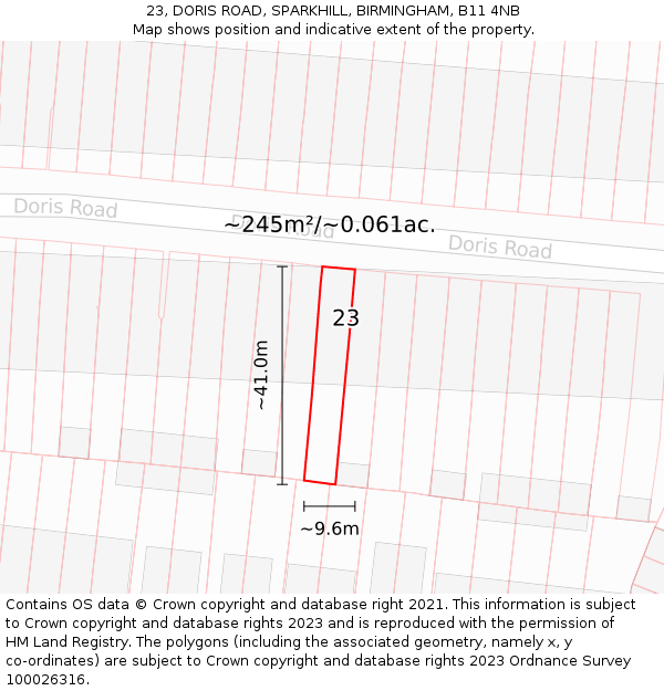 23, DORIS ROAD, SPARKHILL, BIRMINGHAM, B11 4NB: Plot and title map