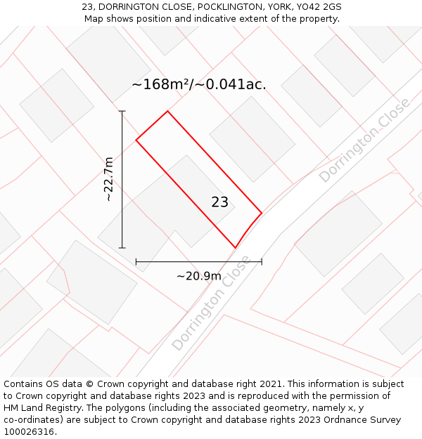 23, DORRINGTON CLOSE, POCKLINGTON, YORK, YO42 2GS: Plot and title map