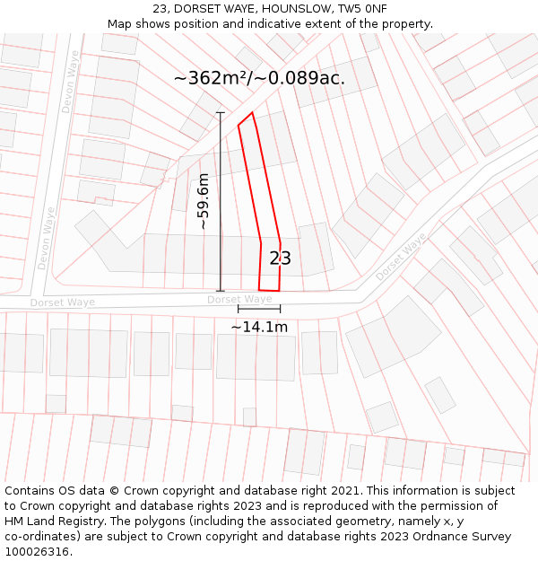 23, DORSET WAYE, HOUNSLOW, TW5 0NF: Plot and title map