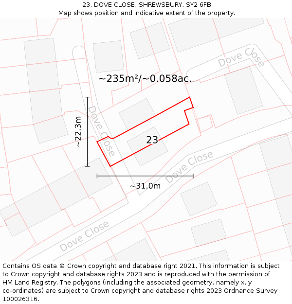 23, DOVE CLOSE, SHREWSBURY, SY2 6FB: Plot and title map