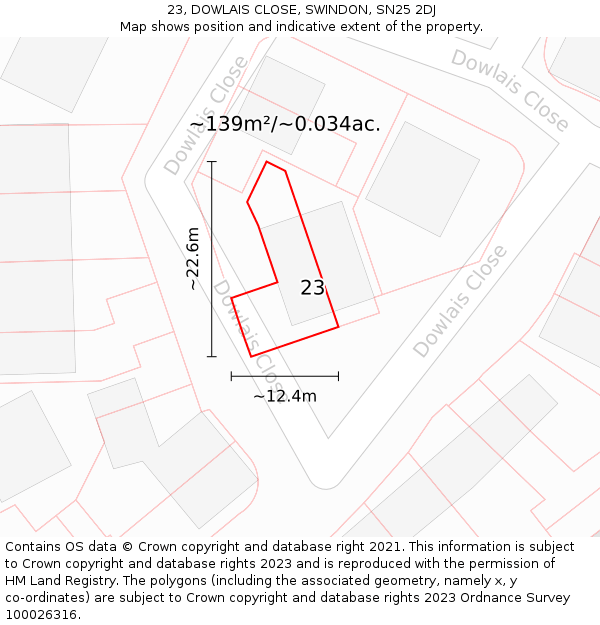 23, DOWLAIS CLOSE, SWINDON, SN25 2DJ: Plot and title map