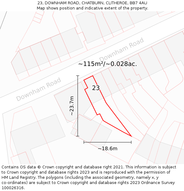 23, DOWNHAM ROAD, CHATBURN, CLITHEROE, BB7 4AU: Plot and title map